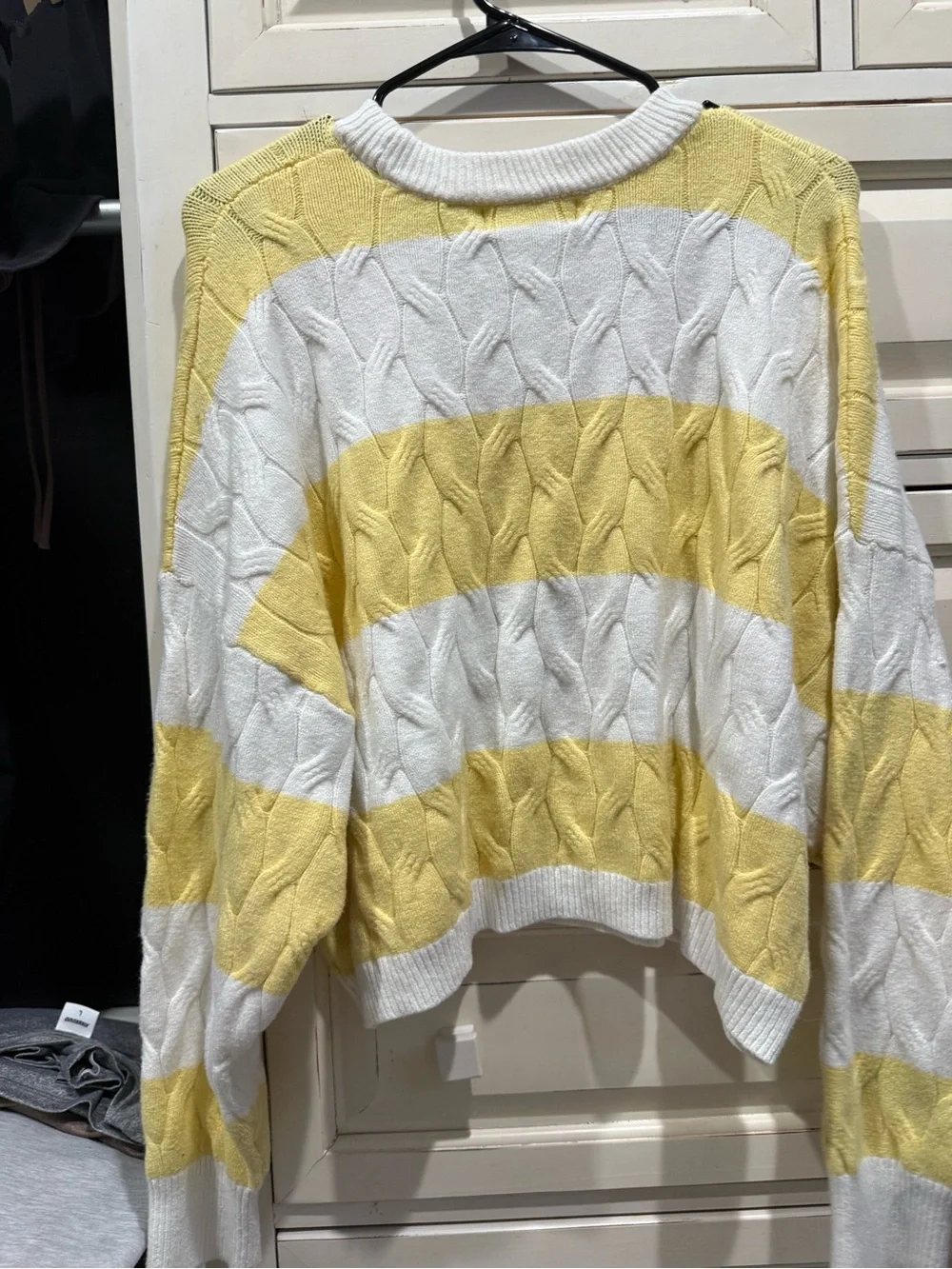 No Boundaries Yellow & White Striped Cable-Knit Crew Sweater